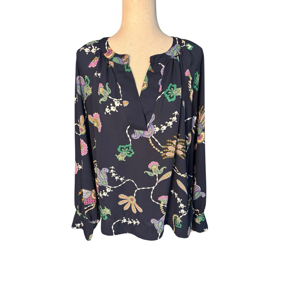 Loft Women’s Long Sleeve Navy Size XL Boho Peacock Floral Blouse